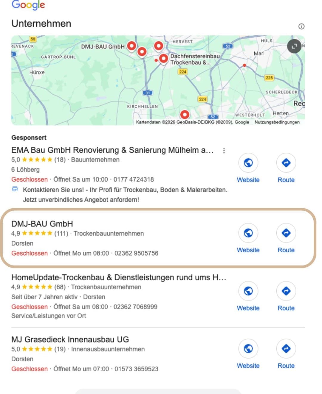DMJ-BAU GmbH: Top-Platzierung im Google Local-Pack durch pottseo Google Local-Pack: DMJ-BAU GmbH rankt organisch oben