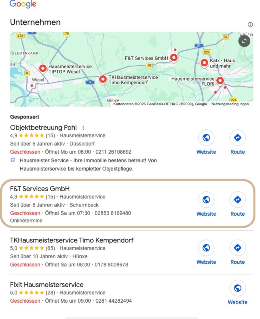 F&T Services GmbH: Top-Platzierung im Google Local-Pack durch pottseo Google Local-Pack: F&T Services GmbH rankt organisch oben