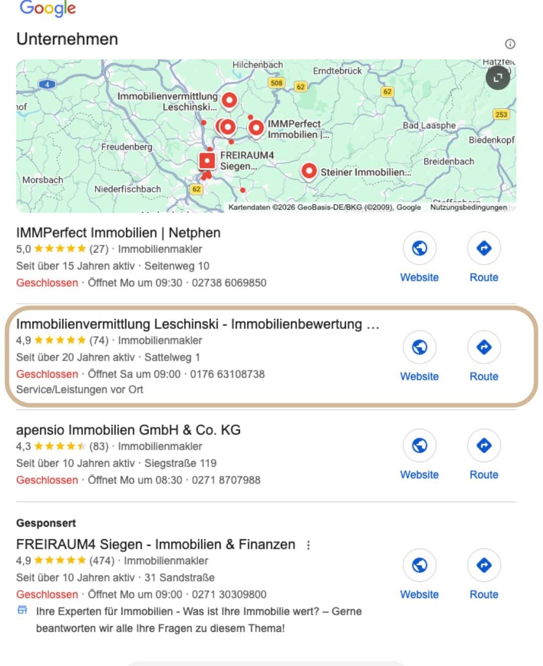 Immobilienvermittlung Leschinski: Top-Platzierung im Google Local-Pack durch pottseo Google Local-Pack: Immobilienvermittlung Leschinski rankt organisch oben
