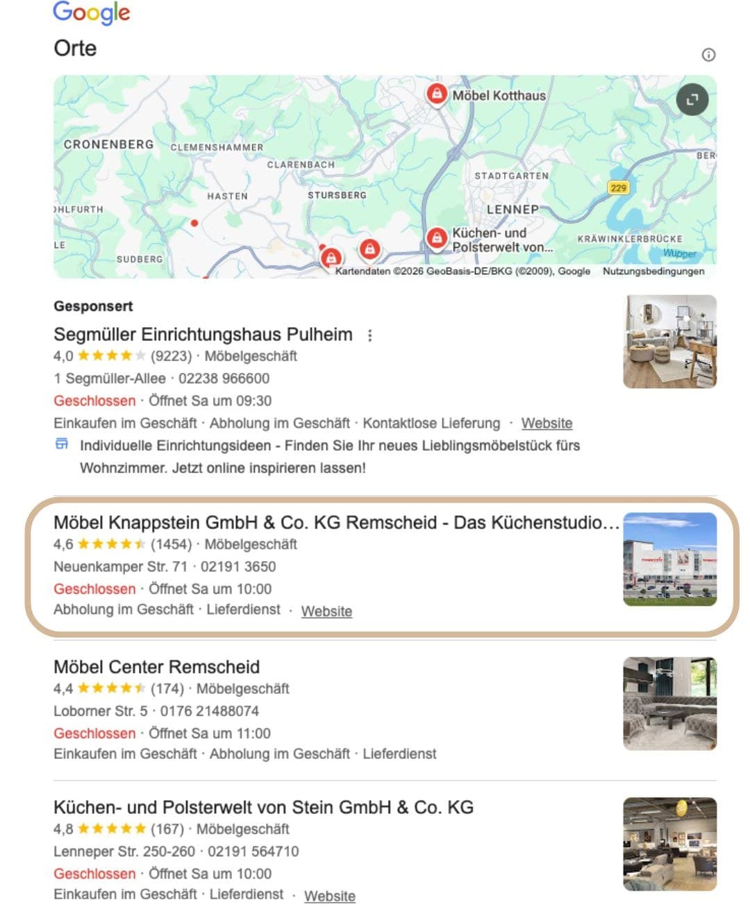 Möbel Knappstein GmbH: Top-Platzierung im Google Local-Pack durch pottseo Google Local-Pack: Möbel Knappstein GmbH rankt organisch oben