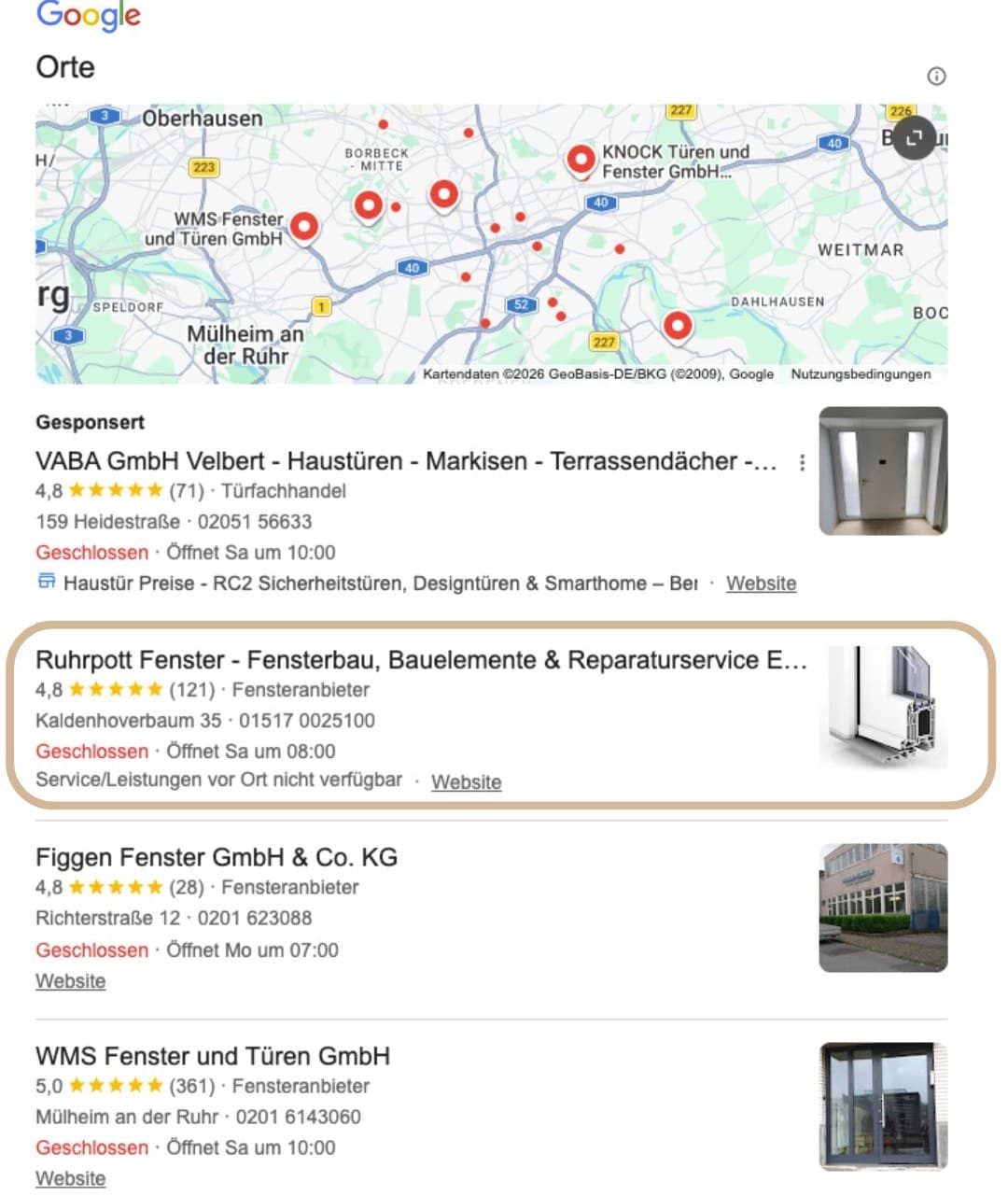Ruhrpott Fenster: Top-Platzierung im Google Local-Pack durch pottseo Google Local-Pack: Ruhrpott Fenster rankt organisch oben