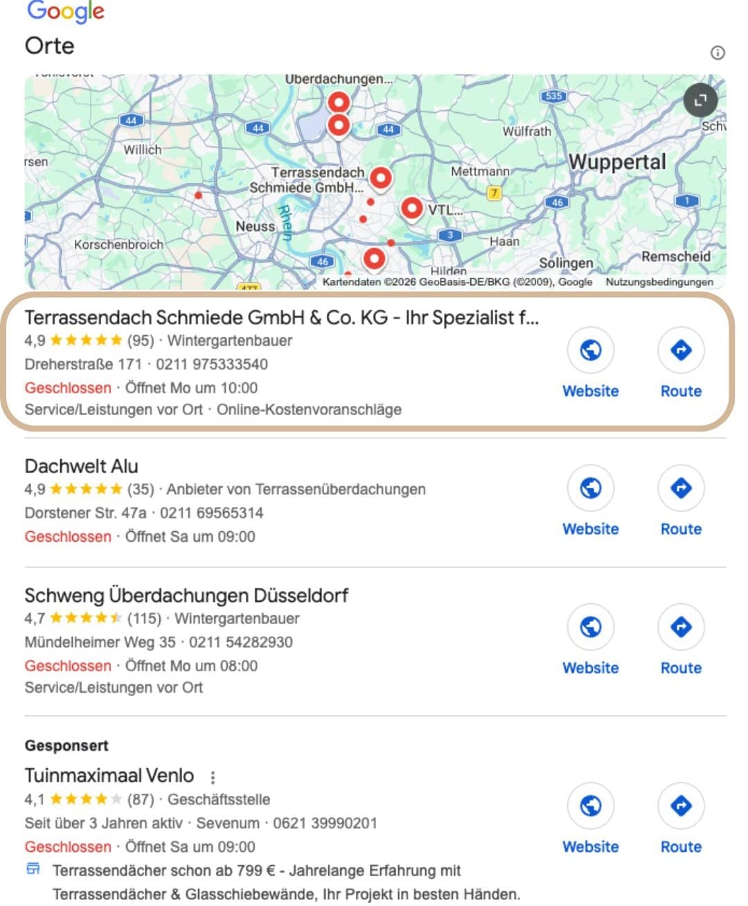 Terrassendach Schmiede GmbH & Co. KG: Top-Platzierung im Google Local-Pack durch pottseo Google Local-Pack: Terrassendach Schmiede GmbH & Co. KG rankt organisch oben