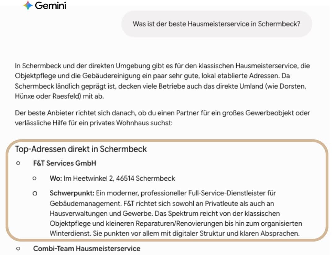 KI-Empfehlung: F&T Services bei Gemini, lokale Sichtbarkeit durch pottseo Gemini empfiehlt F&T Services für „Was ist der beste Hausmeisterservice in Schermbeck?"