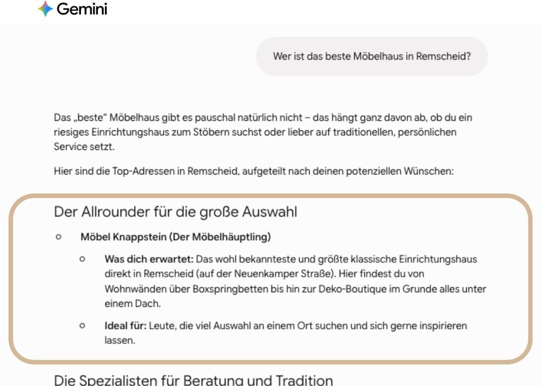 KI-Empfehlung: Möbel Knappstein bei Gemini, lokale Sichtbarkeit durch pottseo Gemini empfiehlt Möbel Knappstein für „Wer ist das beste Möbelhaus in Remscheid?"