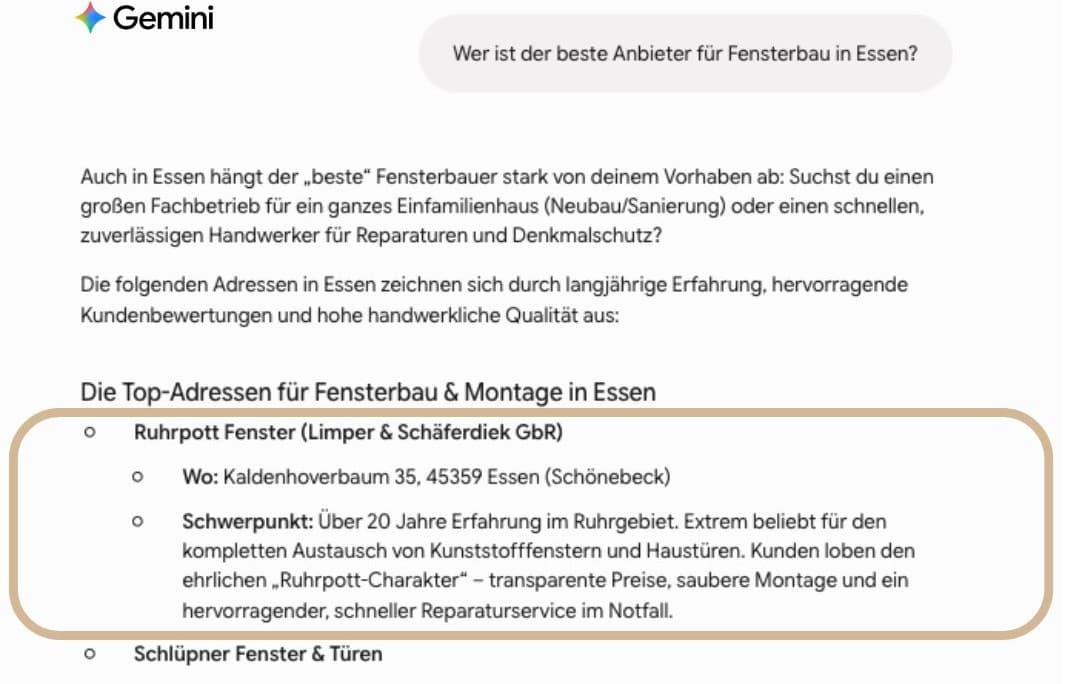 KI-Empfehlung: Ruhrpott Fenster bei Gemini, lokale Sichtbarkeit durch pottseo Gemini empfiehlt Ruhrpott Fenster für „Wer ist der beste Anbieter für Fensterbau in Essen?"