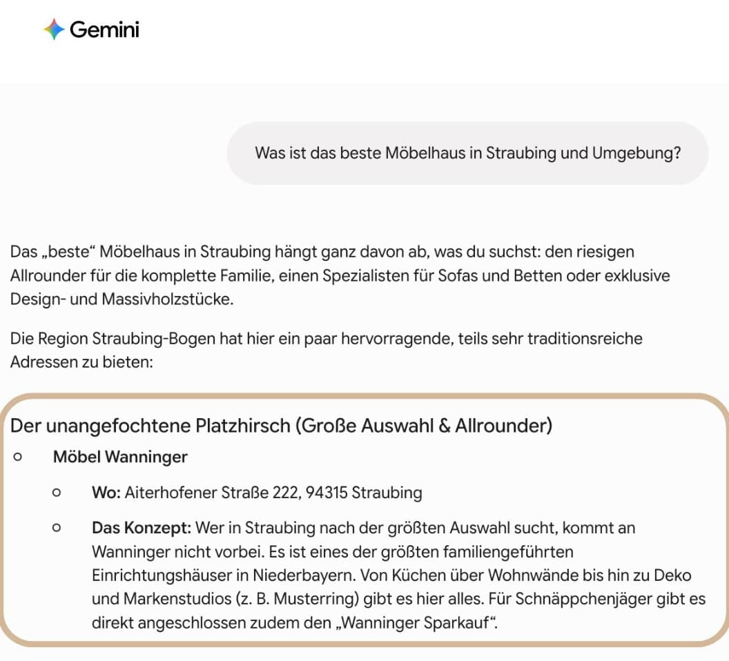 KI-Empfehlung: Möbel Wanninger bei Gemini, lokale Sichtbarkeit durch pottseo Gemini empfiehlt Möbel Wanninger für „Was ist das beste Möbelhaus in Straubing und Umgebung?"